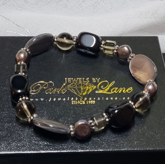 Park‎ Lane Madison Bracelet Black Grey Pearl Abalone 8.5" Stretch NWT - Picture 2 of 8